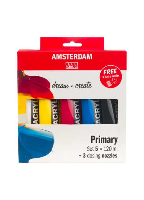 AMSTERDAM COLORI ACRILICI 5X120ML PRIMARY + 3 DOSATORI