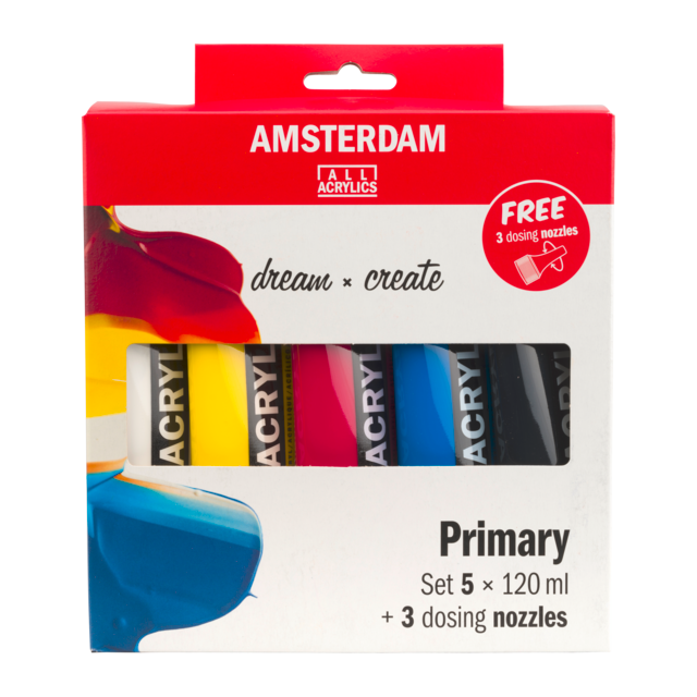 AMSTERDAM COLORI ACRILICI 5X120ML PRIMARY + 3 DOSATORI